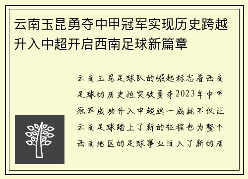 云南玉昆勇夺中甲冠军实现历史跨越升入中超开启西南足球新篇章 云南玉昆勇夺中甲冠军实现历史跨越升入中超开启西南足球新篇章
